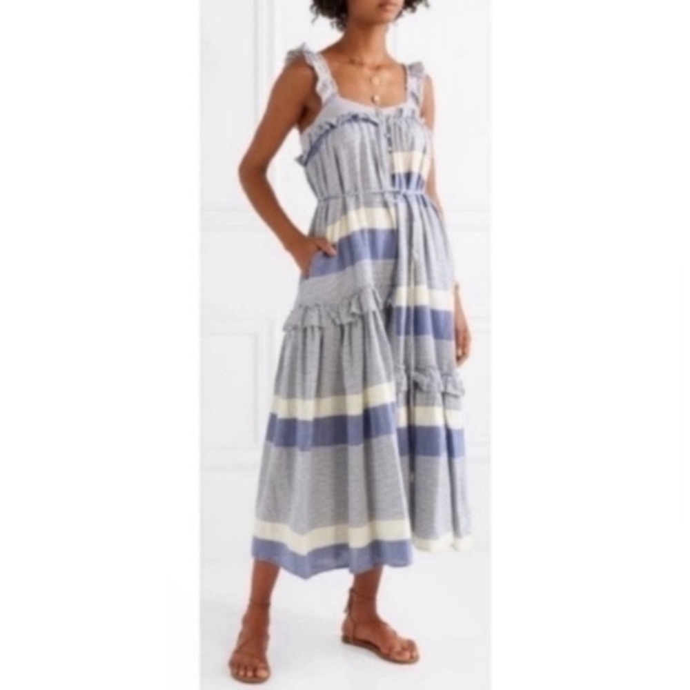 ✅ Apiece Apart Dress Lypie Midi Ruffle in Blue Striped